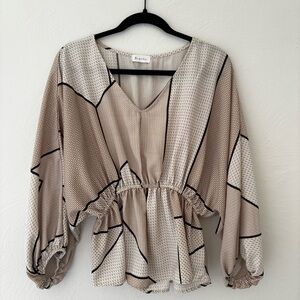 Neutral Geometric Patterned Blouse Size M Cinched Waist Billowy Sleeves Office